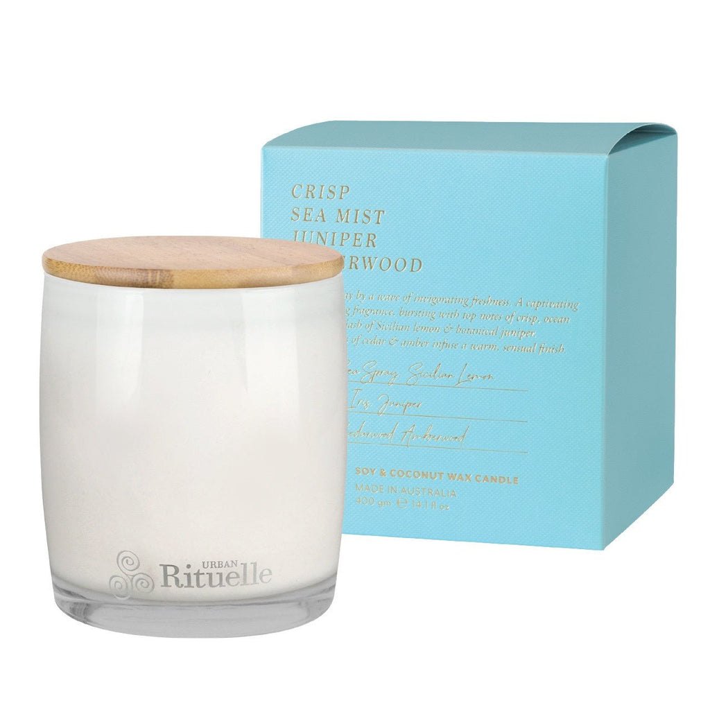 Buy Crisp Sea Mist, Juniper, Amberwood Scented Soy Candle (140g) by Urban Rituelle - at White Doors & Co