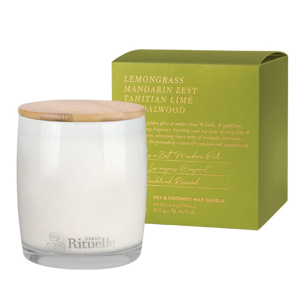 Buy Lemongrass, Mandarin Zest, Tahitian Lime, Sandalwood Scented Soy Candle 400 gm by Urban Rituelle - at White Doors & Co